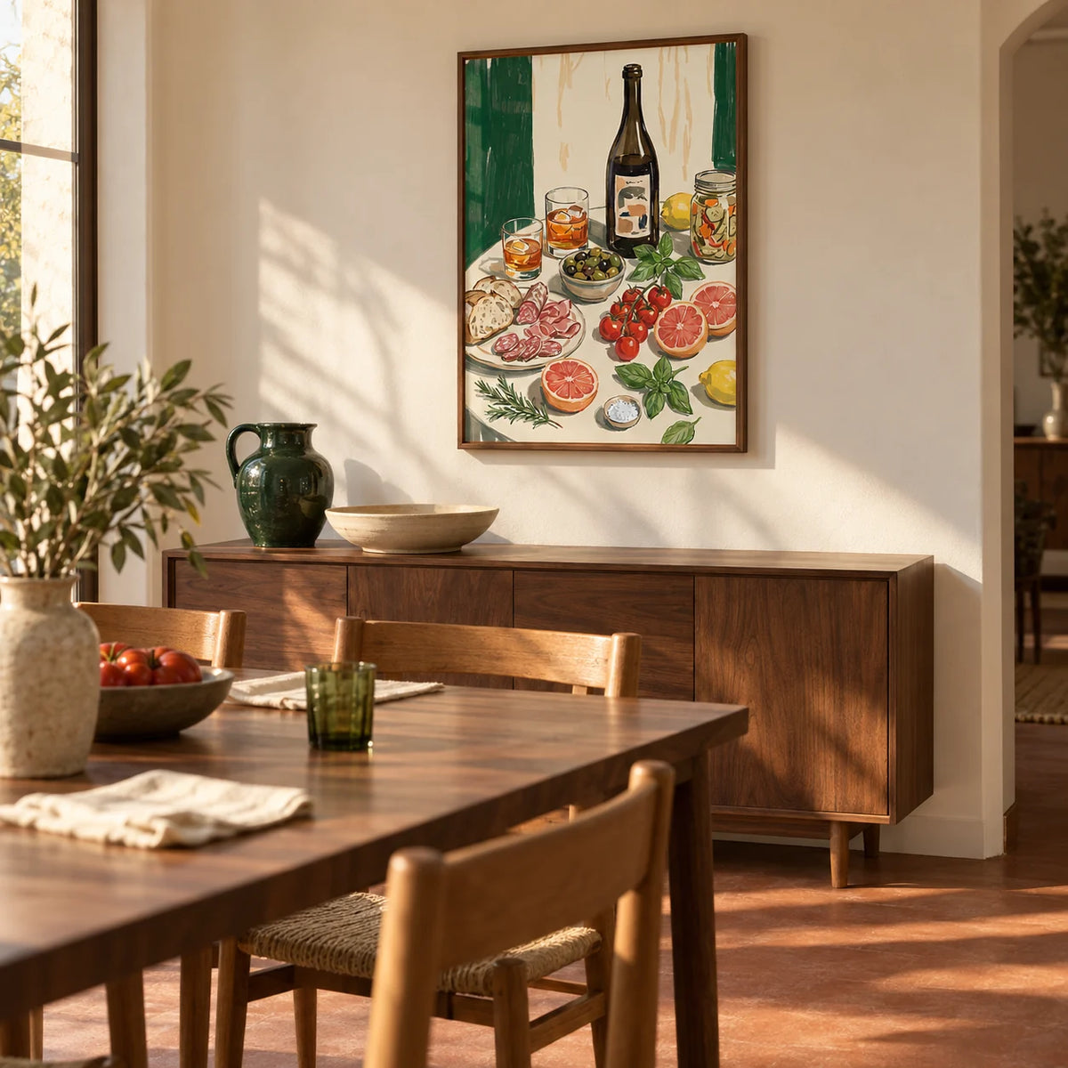Food And Drink Art Print, framed on the wall of a warm modern dining room with cream walls
