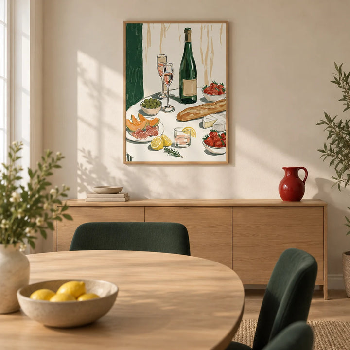 Food And Wine Art Print, framed on the wall of a contemporary dining room in a UK terraced house with warm cream plaster walls and a pale oak floor
