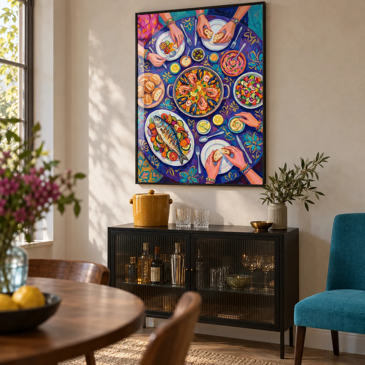 Food Art Print, framed on the wall of a contemporary dining room home-bar corner in a renovated UK semi with pale plaster walls