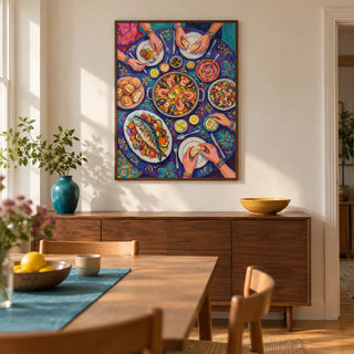Food Art Print, framed on the wall of a contemporary dining room in a UK terraced house with warm white plaster walls and an oak floor