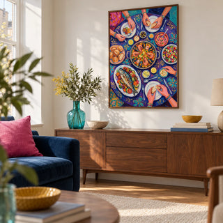 Food Art Print, framed on the wall of a design-led living room in a UK city flat with a soft white wall and a plain timber floor