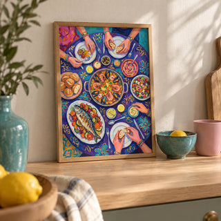 Food Art Print, a small A4 framed print leaning on a pale oak kitchen worktop