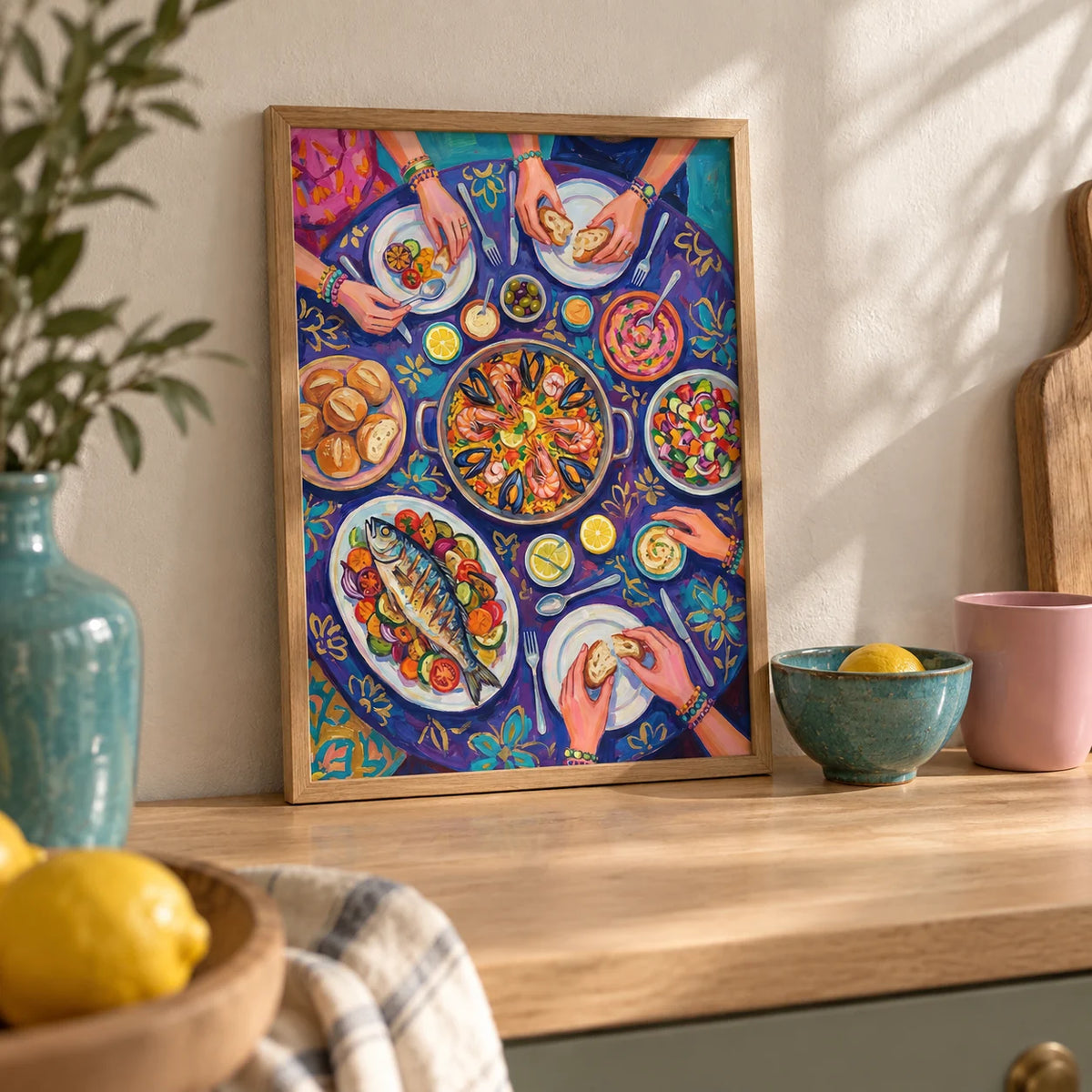 Food Art Print, a small A4 framed print leaning on a pale oak kitchen worktop