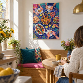 Food Art Print, framed on the wall of a sunny kitchen breakfast nook in a compact UK home with a white wall and a built-in timber bench