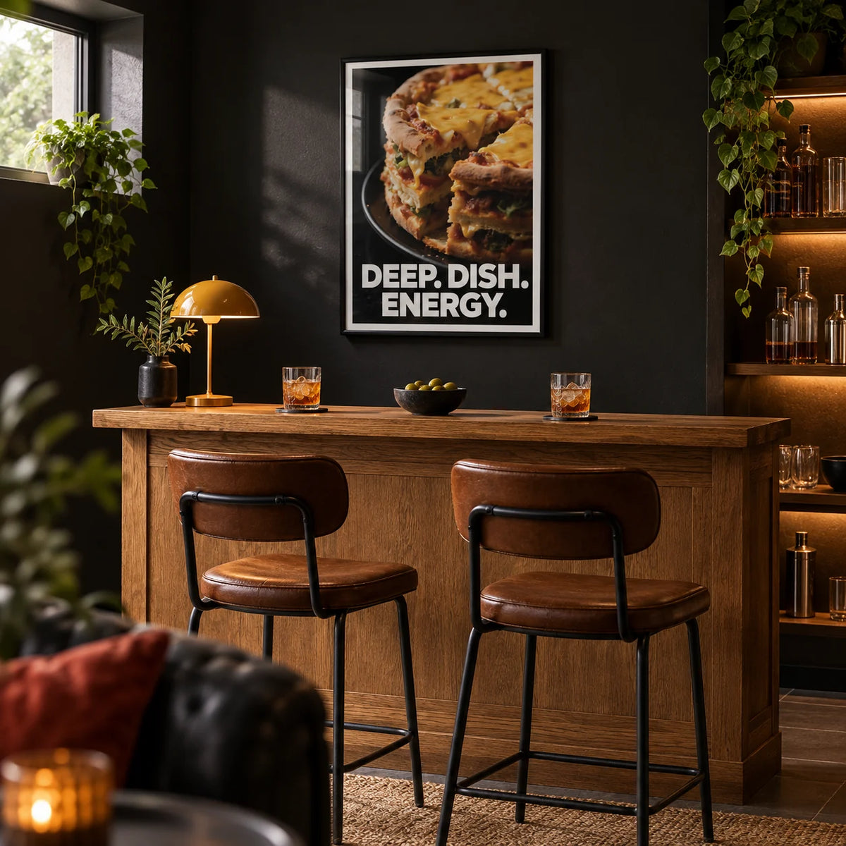 Foodie Gift Idea, framed on the wall of a basement home bar with a black painted wall in a living room
