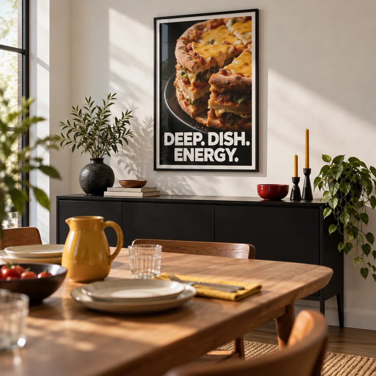 Foodie Gift Idea, framed on the wall of a casual dining room with a white wall