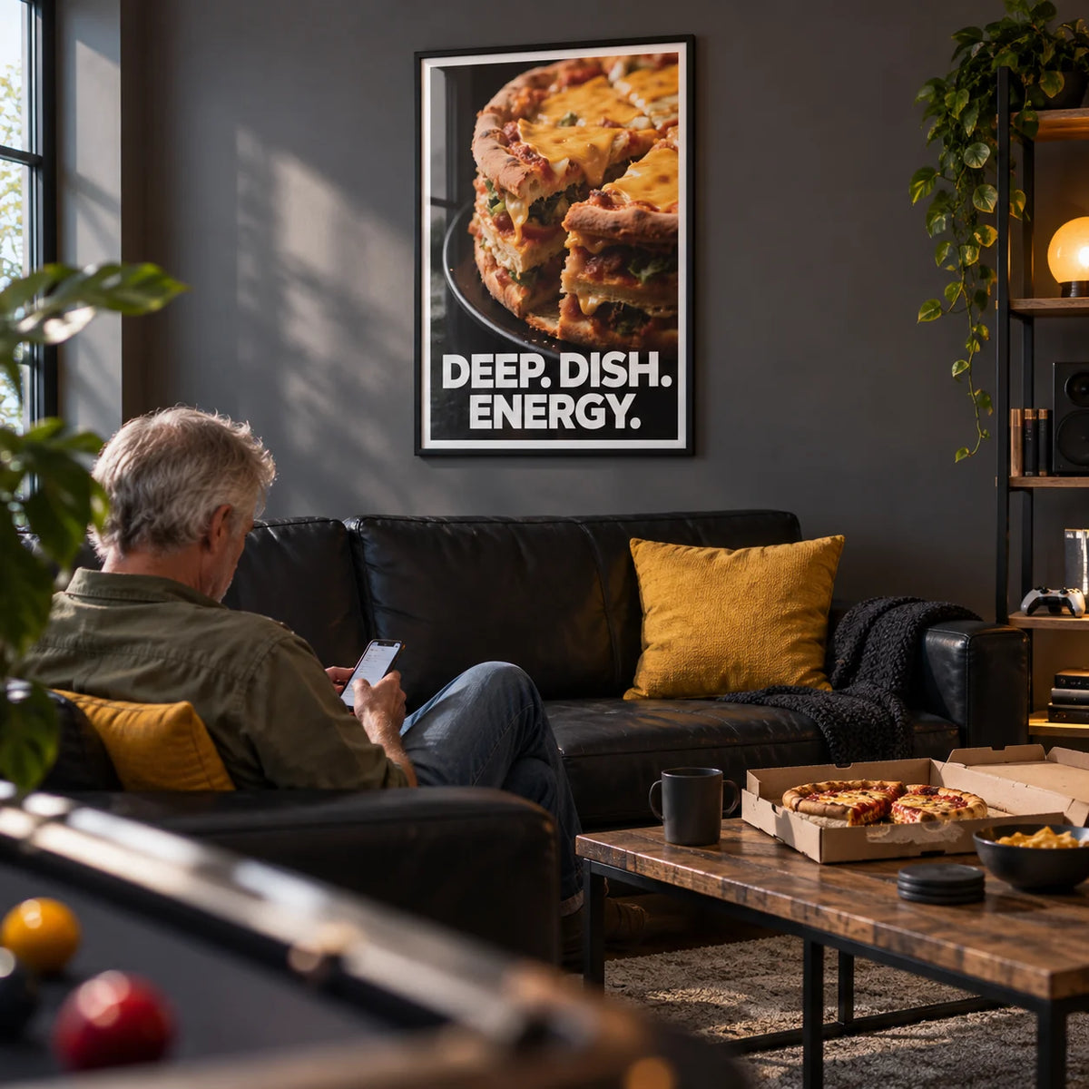 Foodie Gift Idea, framed on the wall of a games room in a family home with a plain dark grey wall in a living room