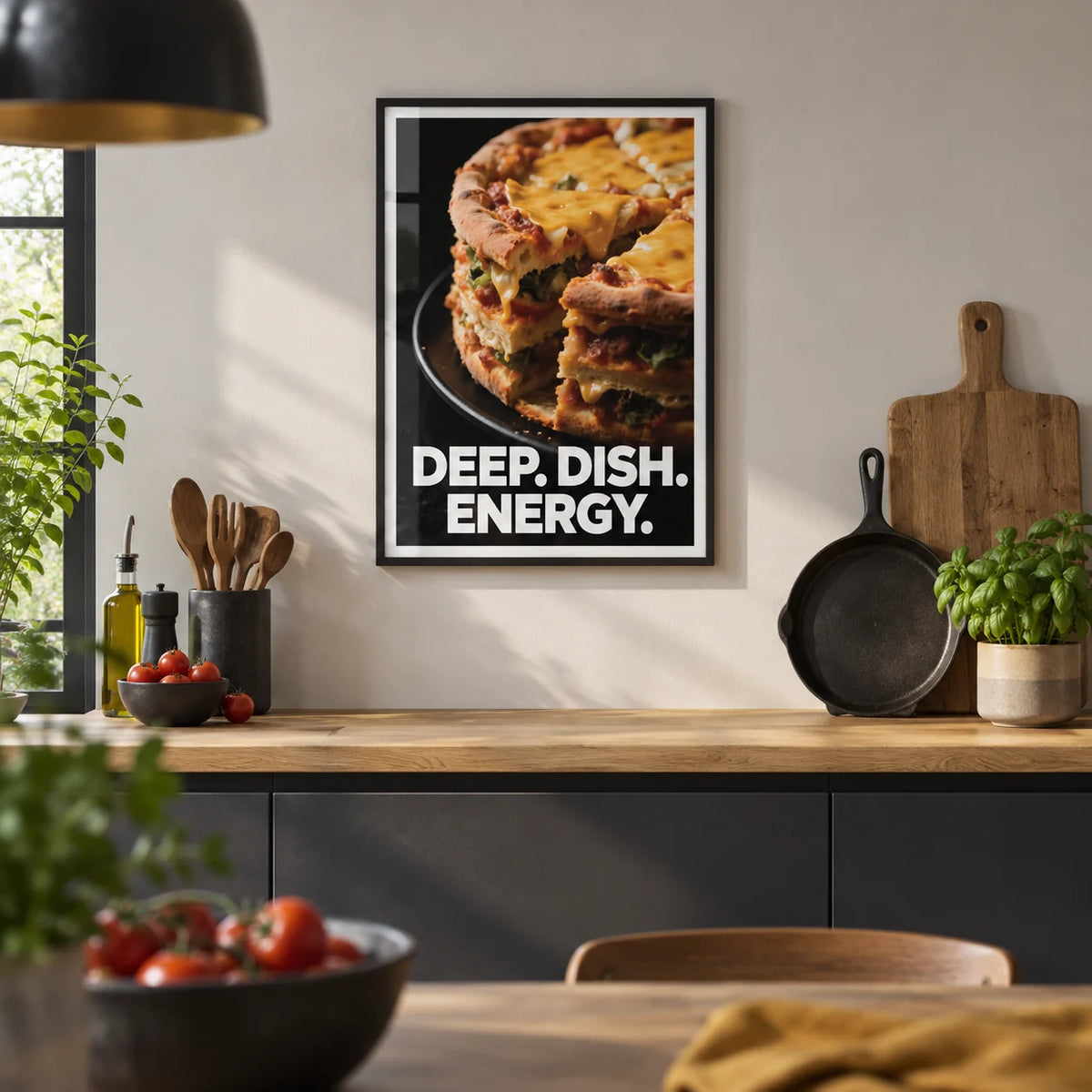 Foodie Gift Idea, framed on the wall of a modern kitchen with plain charcoal units and a light oak worktop