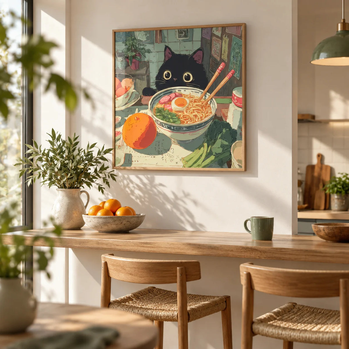 Foodie Wall Art, framed on the wall of a bright breakfast bar in an open-plan flat in a kitchen