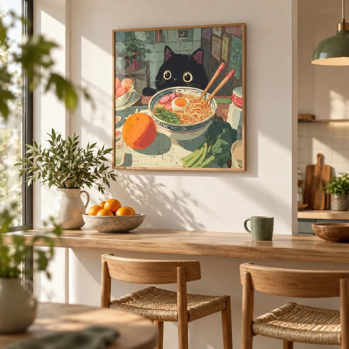 Foodie Wall Art, framed on the wall of a bright breakfast bar in an open-plan flat in a kitchen