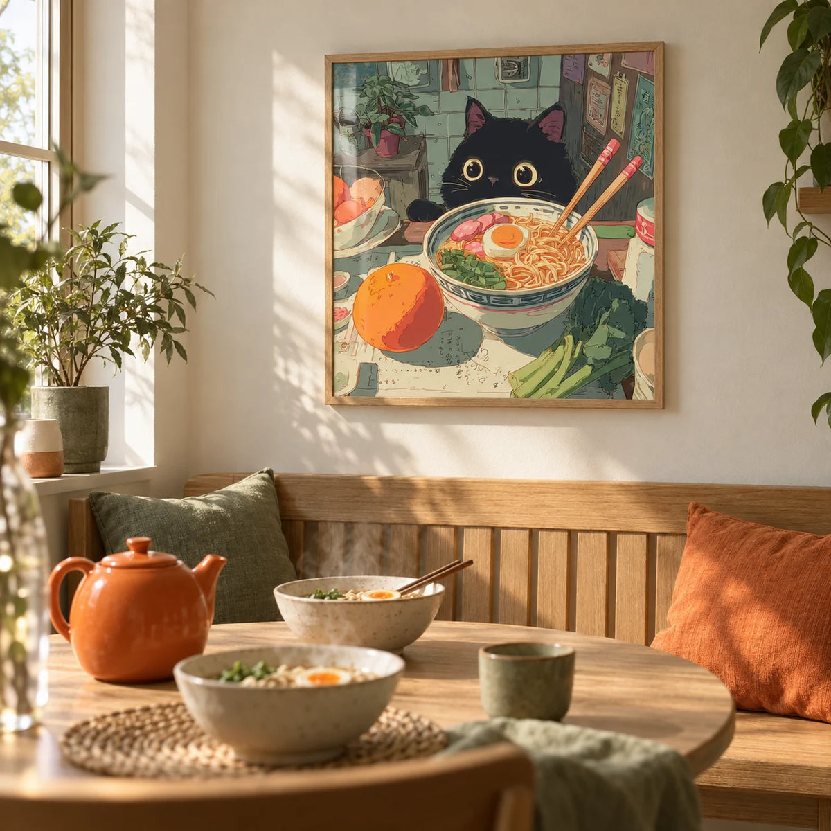 Foodie Wall Art, framed on the wall of a cosy dining nook with a cream wall