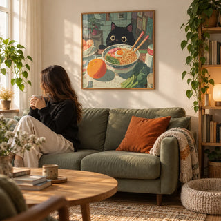 Foodie Wall Art, framed on the wall of a cosy first-flat living room (22-30) with a warm white wall