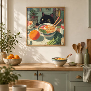 Foodie Wall Art, framed on the wall of a cosy kitchen with plain sage green cabinets and a cream wall