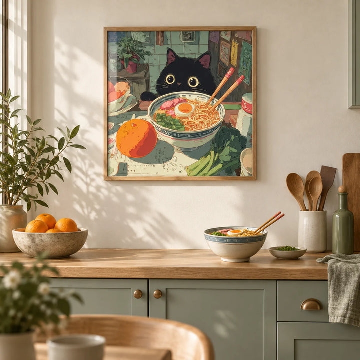 Foodie Wall Art, framed on the wall of a cosy kitchen with plain sage green cabinets and a cream wall