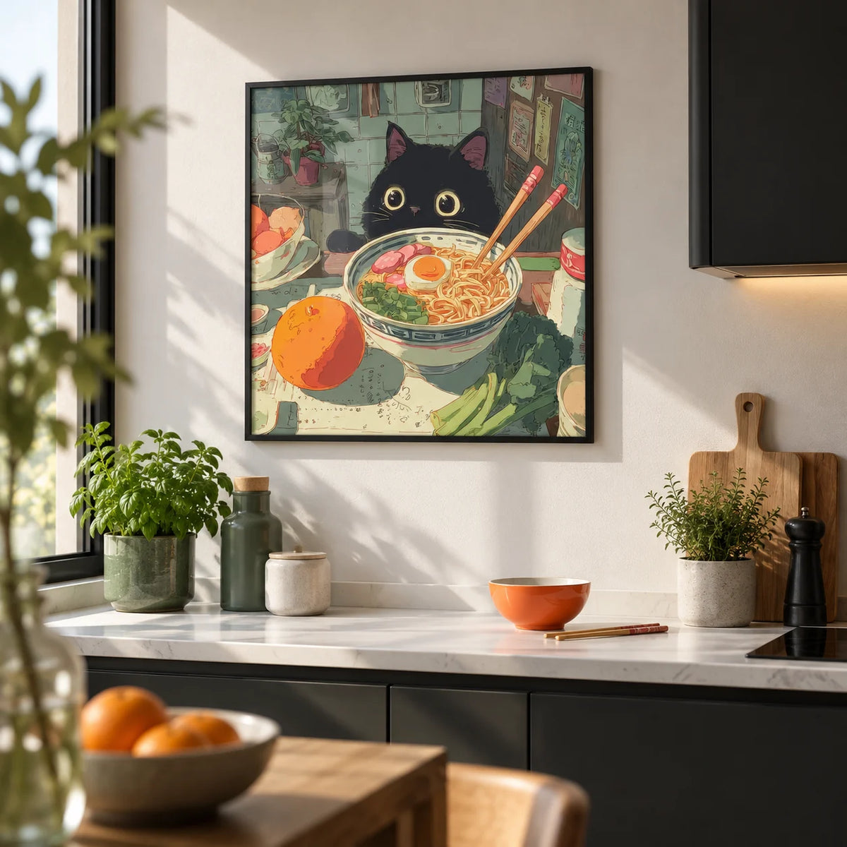 Foodie Wall Art, framed on the wall of a modern kitchen with matt black cabinets and a white wall