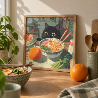 Foodie Wall Art, a small A4 framed print leaning on an oak worktop in a kitchen