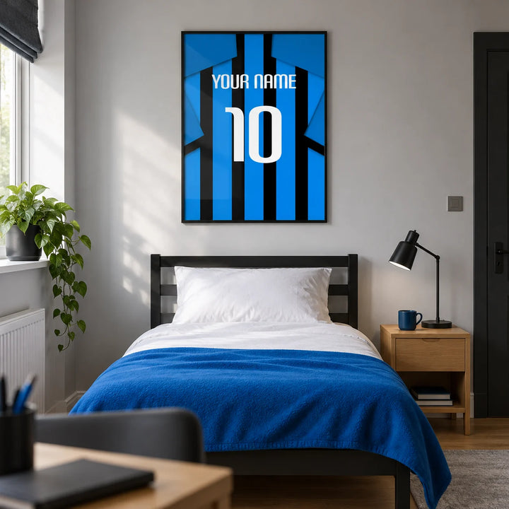 Football Shirt Poster in Black and Blue Stripes with Blue Sleeves, framed on the wall of a modern football fan's single bedroom in a UK family home