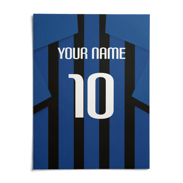 Football Shirt Poster in Blue and Black Stripes, shown as an unframed paper print on a plain white background