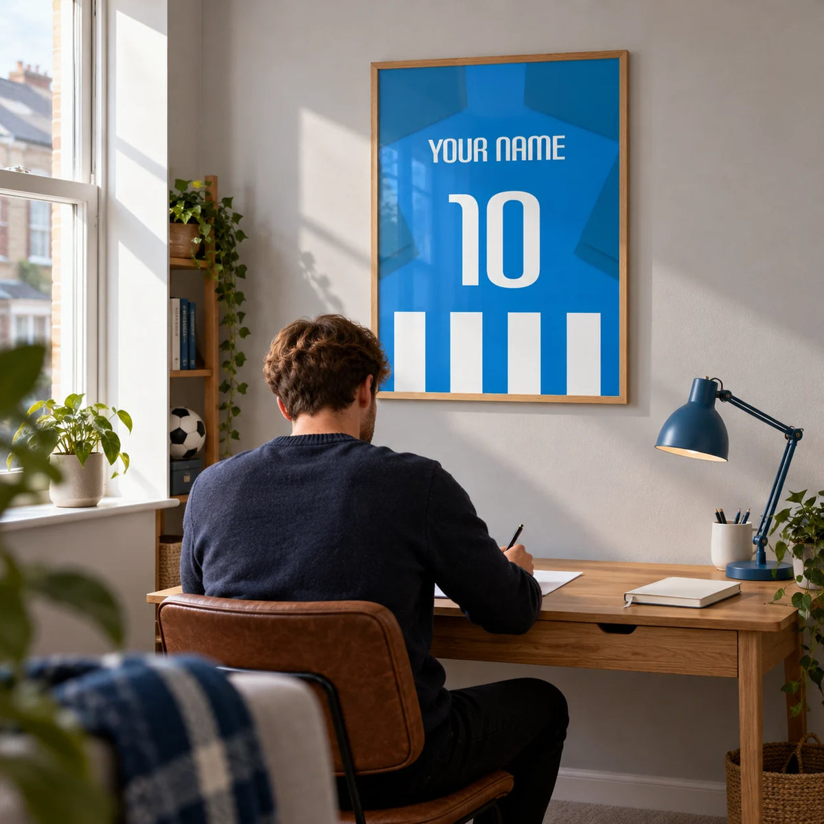 Football Shirt Poster in Blue and White Stripes with Blue Sleeves, framed on the wall of a bright home study for a young adult football fan (22-35) in a UK terrace with a soft grey wall