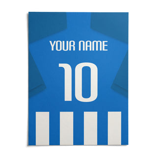 Football Shirt Poster in Blue and White Stripes with Blue Sleeves, shown as an unframed paper print on a plain white background