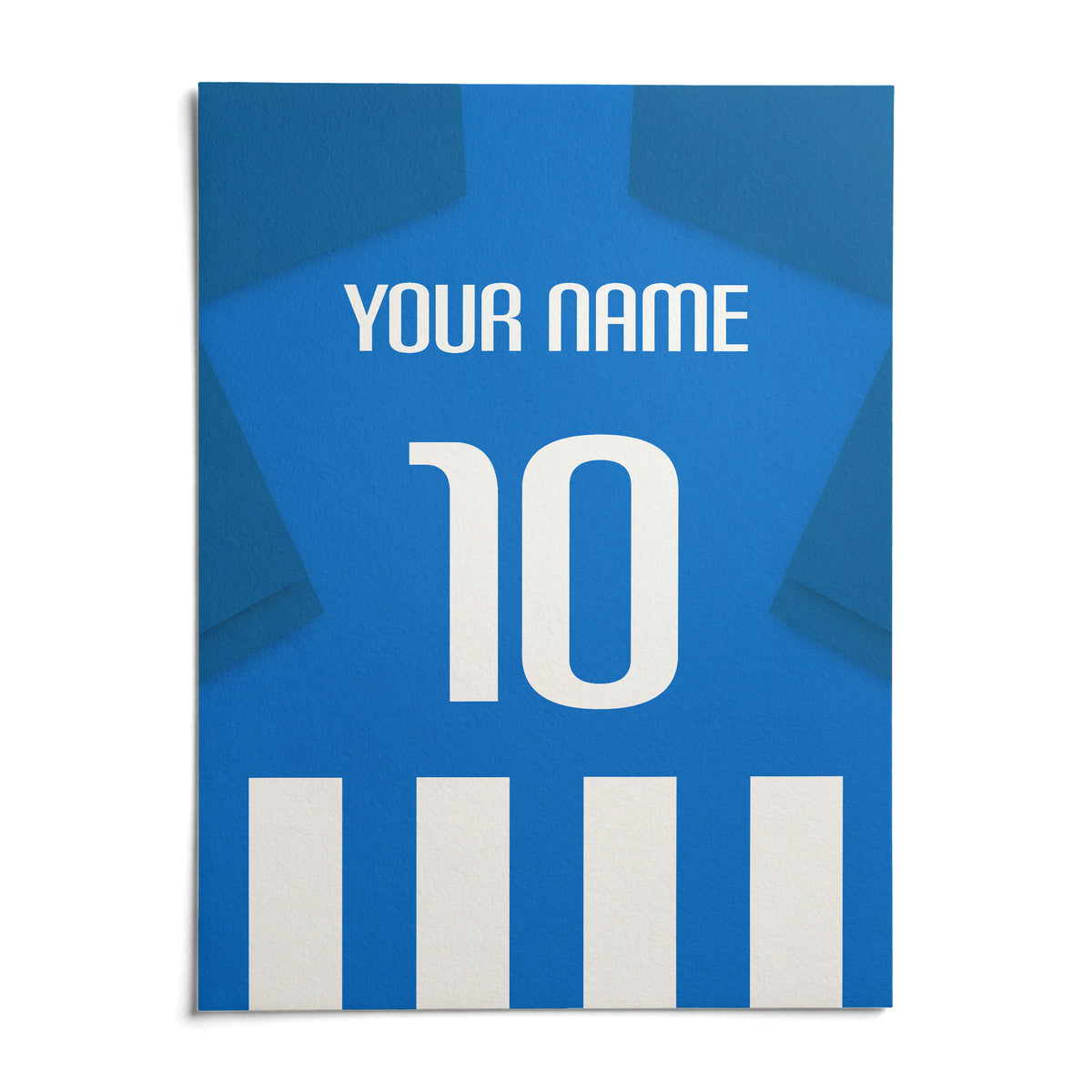 Football Shirt Poster in Blue and White Stripes with Blue Sleeves, shown as an unframed paper print on a plain white background