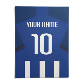 Football Shirt Poster in Blue and White Stripes with Dark Blue Sleeves, shown as an unframed paper print on a plain white background