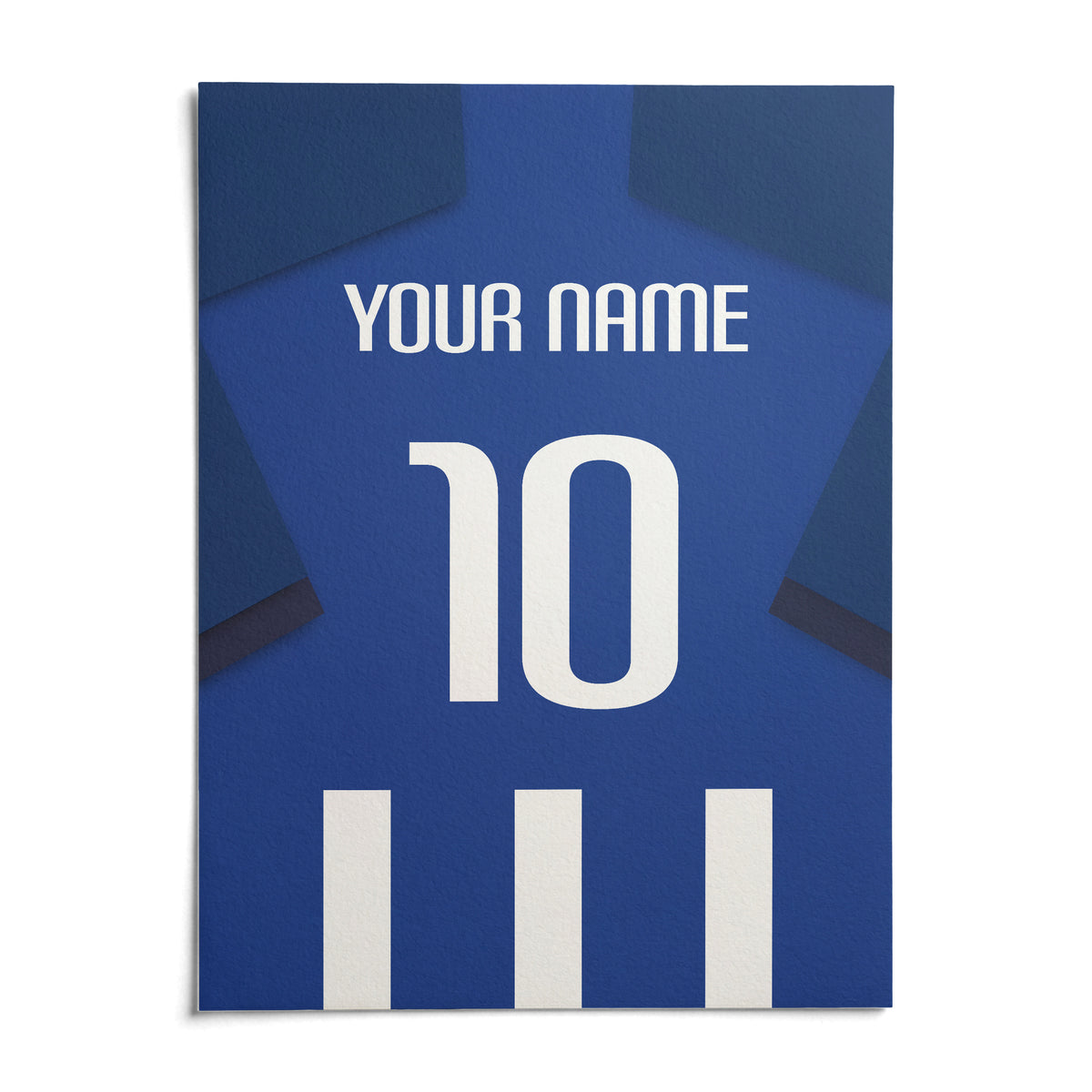 Football Shirt Poster in Blue and White Stripes with Dark Blue Sleeves, shown as an unframed paper print on a plain white background