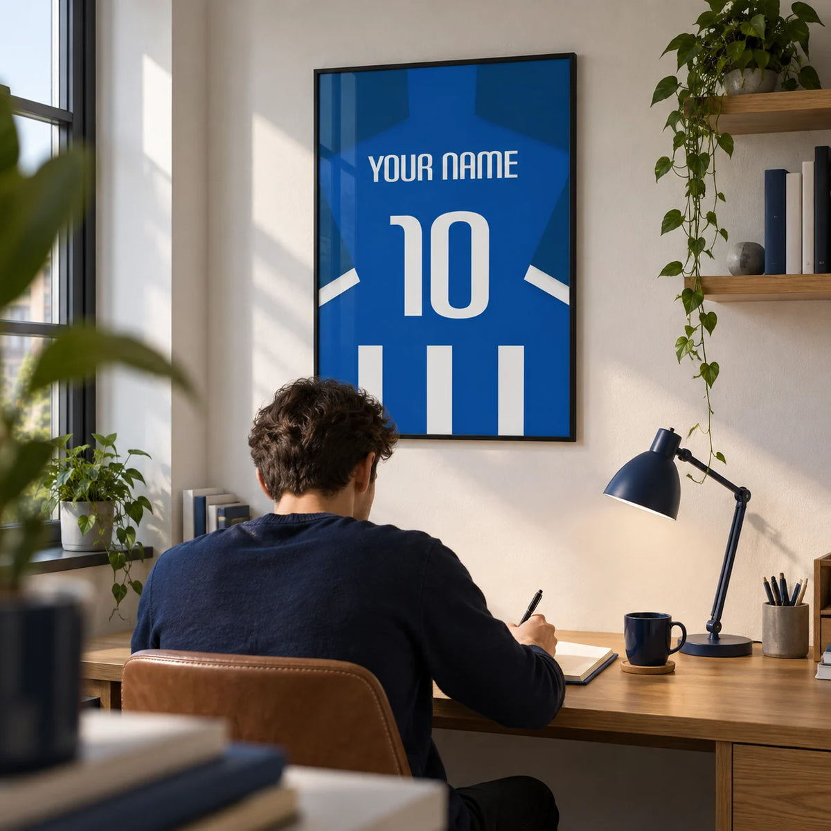 Football Shirt Poster in Blue and White Stripes with White Number, framed on the wall of a compact home study in a young football fan's first flat (22-28)