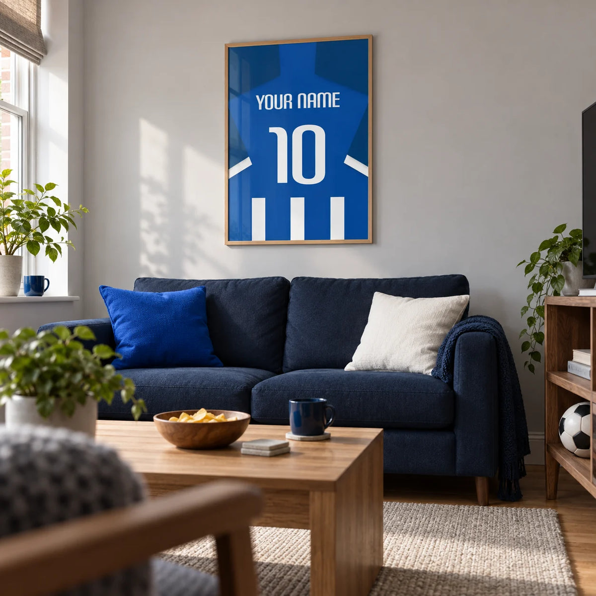 Football Shirt Poster in Blue and White Stripes with White Number, framed on the wall of a contemporary football-watching snug in a UK terrace with a pale grey wall and low walnut furniture in a living room