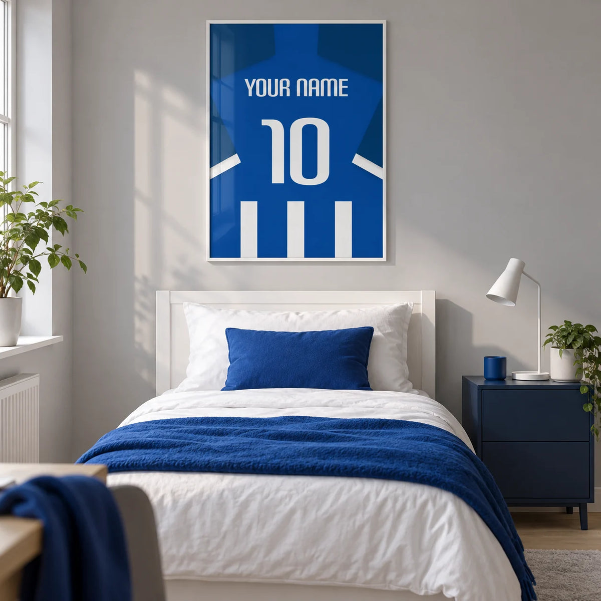 Football Shirt Poster in Blue and White Stripes with White Number, framed on the wall of a modern football-loving teenager's single bedroom (13-17) in a UK family home with a soft grey wall and pale oak floor
