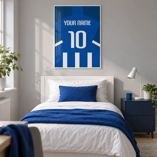 Maglia da calcio personalizzata - A strisce blu e bianche con numero bianco