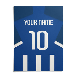 Football Shirt Poster in Blue and White Stripes with White Number, shown as an unframed paper print on a plain white background