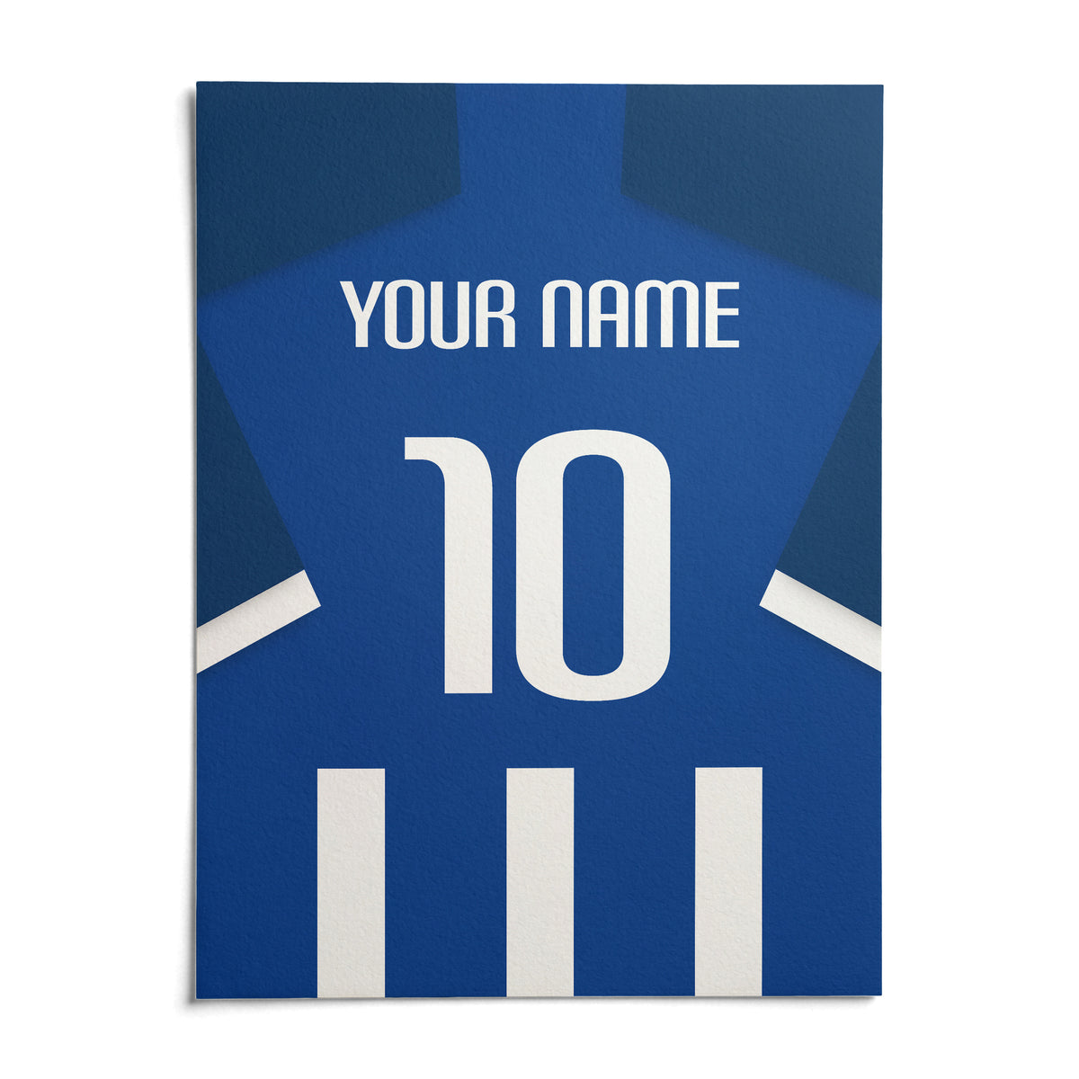 Football Shirt Poster in Blue and White Stripes with White Number, shown as an unframed paper print on a plain white background
