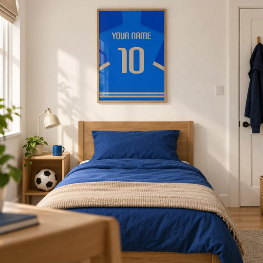 Individuelles Fußballtrikot – Blau mit beiger Nummer