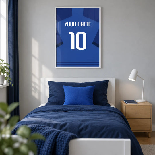 Maglia da calcio personalizzata - Blu con maniche blu scuro e numero bianco