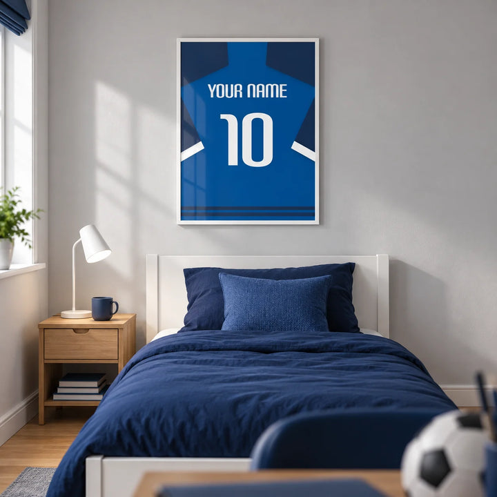Football Shirt Poster in Blue with Dark Sleeves and White Stripe, framed on the wall of a modern teenage football fan's single bedroom (13-17) in a UK family home