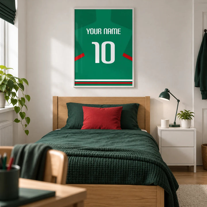 Football Shirt Poster in Green with Red Sleeve Stripe, framed on the wall of a modern football-loving teenager's single bedroom (13-17) in a UK family home