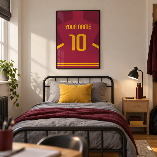Maglia da calcio personalizzata - bordeaux con numero giallo