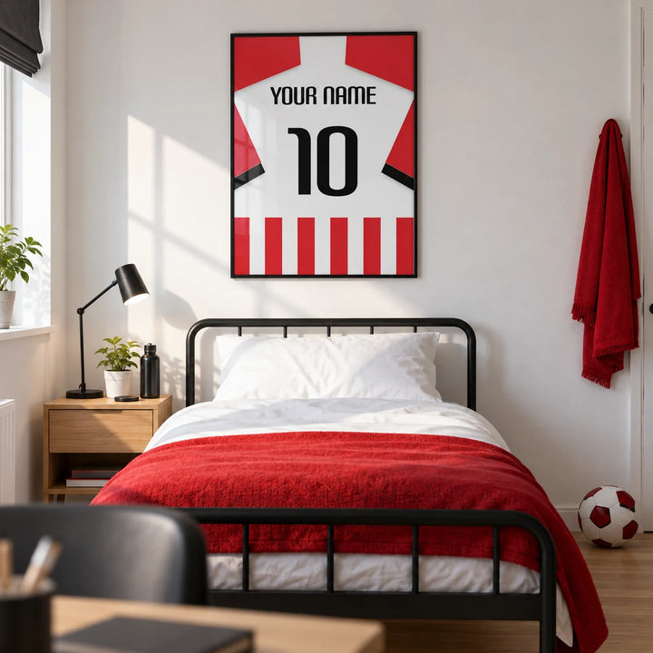 Football Shirt Poster in Red and White Stripes with Black Number, framed on the wall of a modern football-loving teenager's single bedroom (13-17) in a UK family home