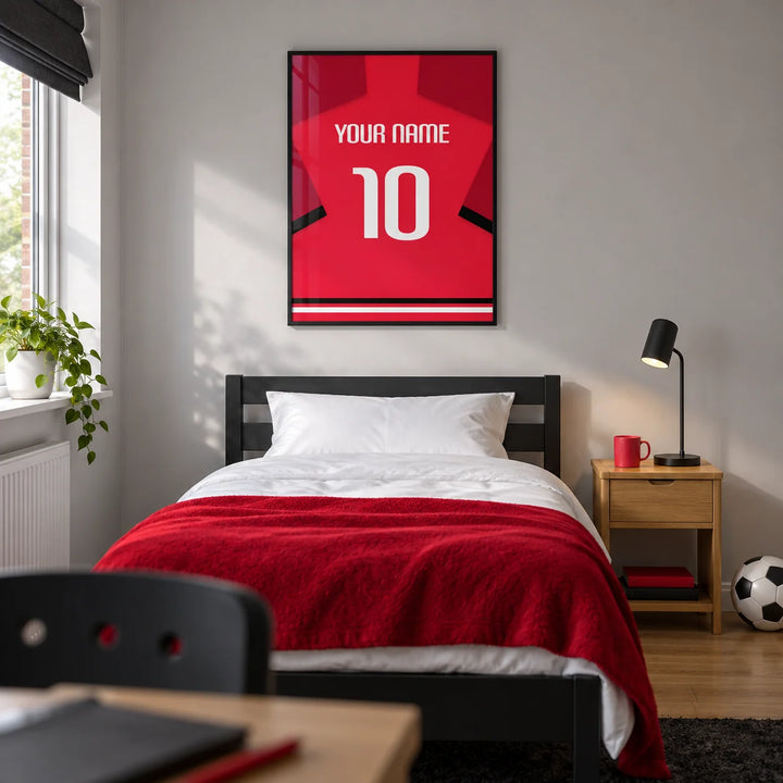 Football Shirt Poster in Red with Black Sleeve Stripe and White Number, framed on the wall of a modern football-loving teenager's single bedroom (13-17) in a UK family home