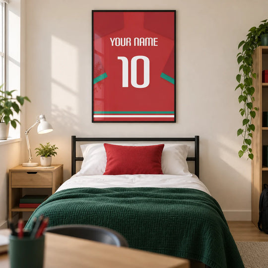 Individuelles Fußballtrikot – rot mit grünem Ärmelstreifen