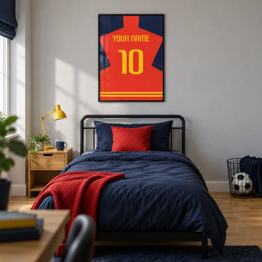 Individuelles Fußballtrikot – rot mit marineblauen Ärmeln und gelber Nummer