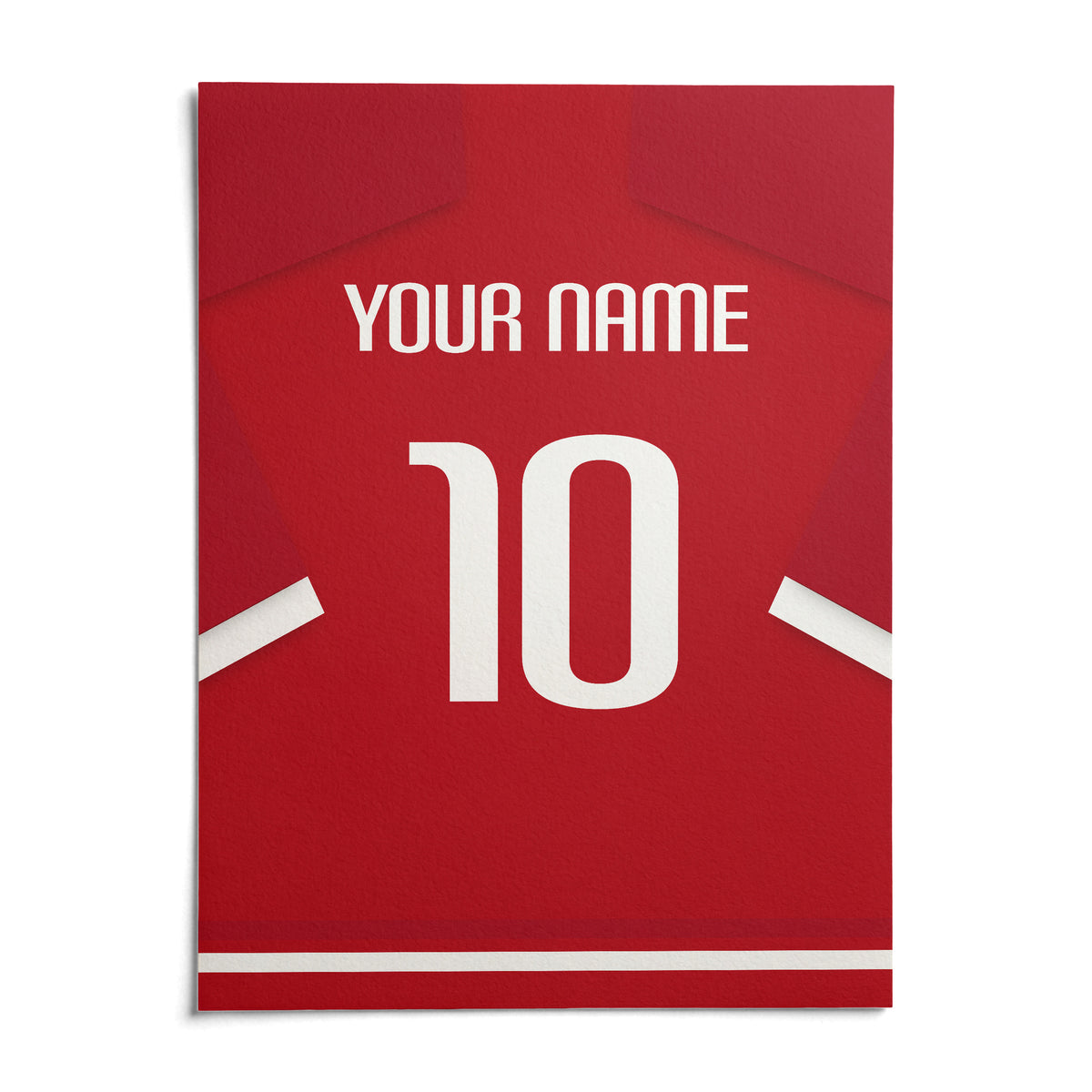 Football Shirt Poster in Red with White Sleeve Stripes, shown as an unframed paper print on a plain white background