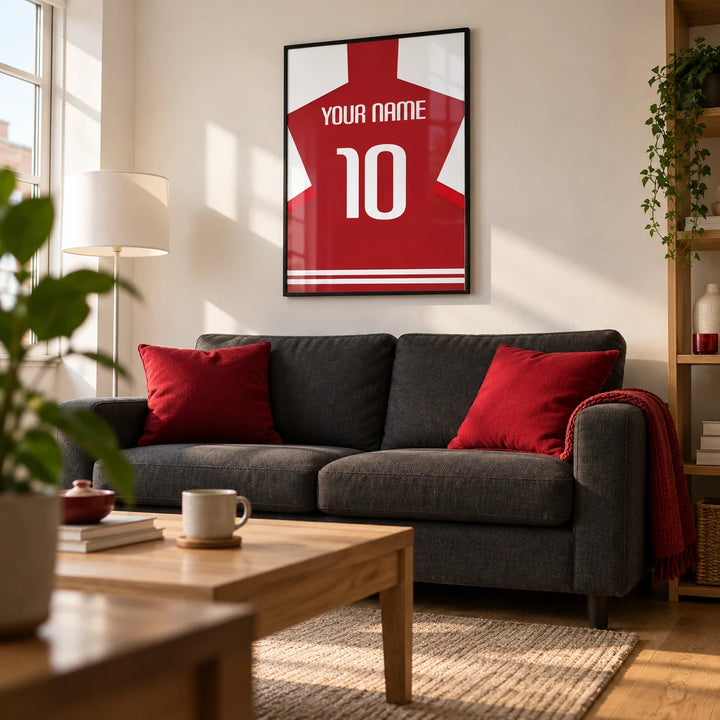 Football Shirt Poster in Red with White Sleeves, framed on the wall of a crisp living room in a football fan's first UK flat (22-28) with a warm white wall and oak flooring