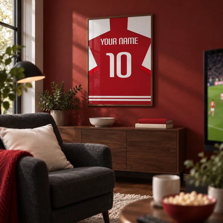 Football Shirt Poster in Red with White Sleeves, framed on the wall of a modern football-watching snug in a UK family home with a muted deep red wall in a living room