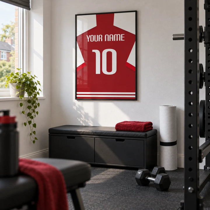 Football Shirt Poster in Red with White Sleeves, framed on the wall of a small converted spare-room home gym in a UK house with white walls and charcoal rubber flooring