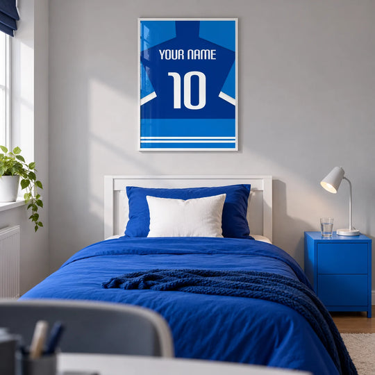 Maglia da calcio personalizzata - blu bicolore con righe bianche sulle maniche