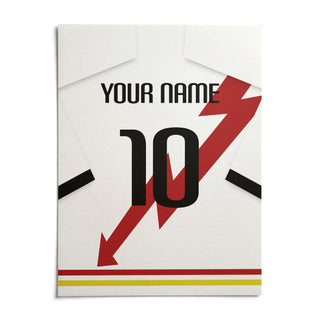 Football Shirt Poster in White with Red Lightning Bolt, shown as an unframed paper print on a plain white background