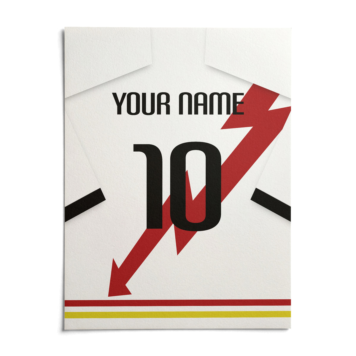 Football Shirt Poster in White with Red Lightning Bolt, shown as an unframed paper print on a plain white background