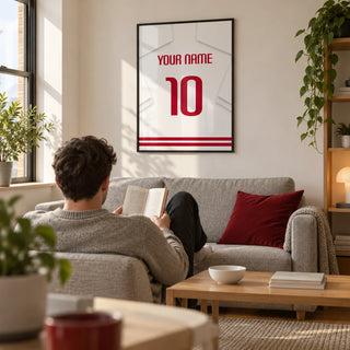 Football Shirt Poster in White with Red Number, framed on the wall of a crisp living room in a football fan's first flat (22-28) with warm white walls and a pale oak floor